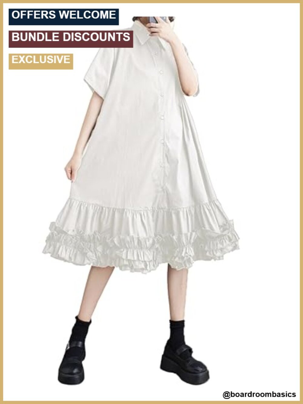 Women's Button Down Shirt Dress Ruffle Hem Oversize Casual